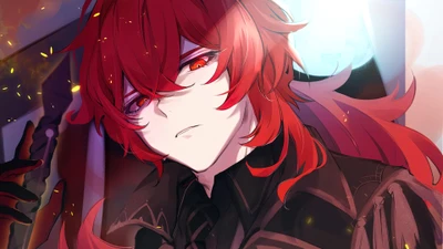 Diluc from Genshin Impact: A Striking Anime Character with Fiery Red Hair and Intense Gaze