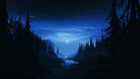 night, moon, forest, scenery, digital art wallpaper