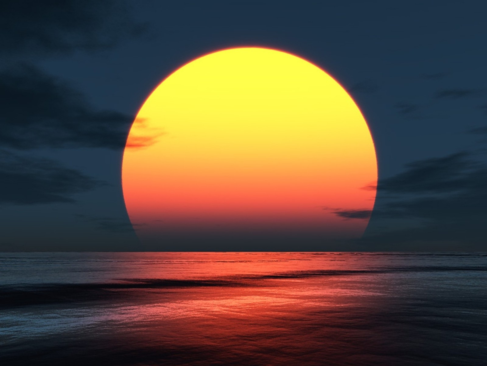 A close up of a sun setting over the ocean with a dark sky (abstract, nature, sunset)