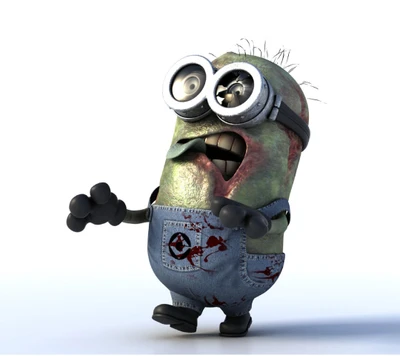 Minion zombie en salopette déchirée avec des cheveux en désordre et une expression ghoul