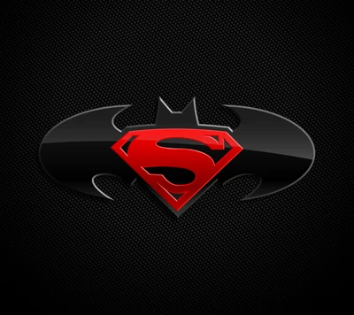 Una fusión de los logotipos de Batman y Superman en un diseño elegante de fibra de carbono.