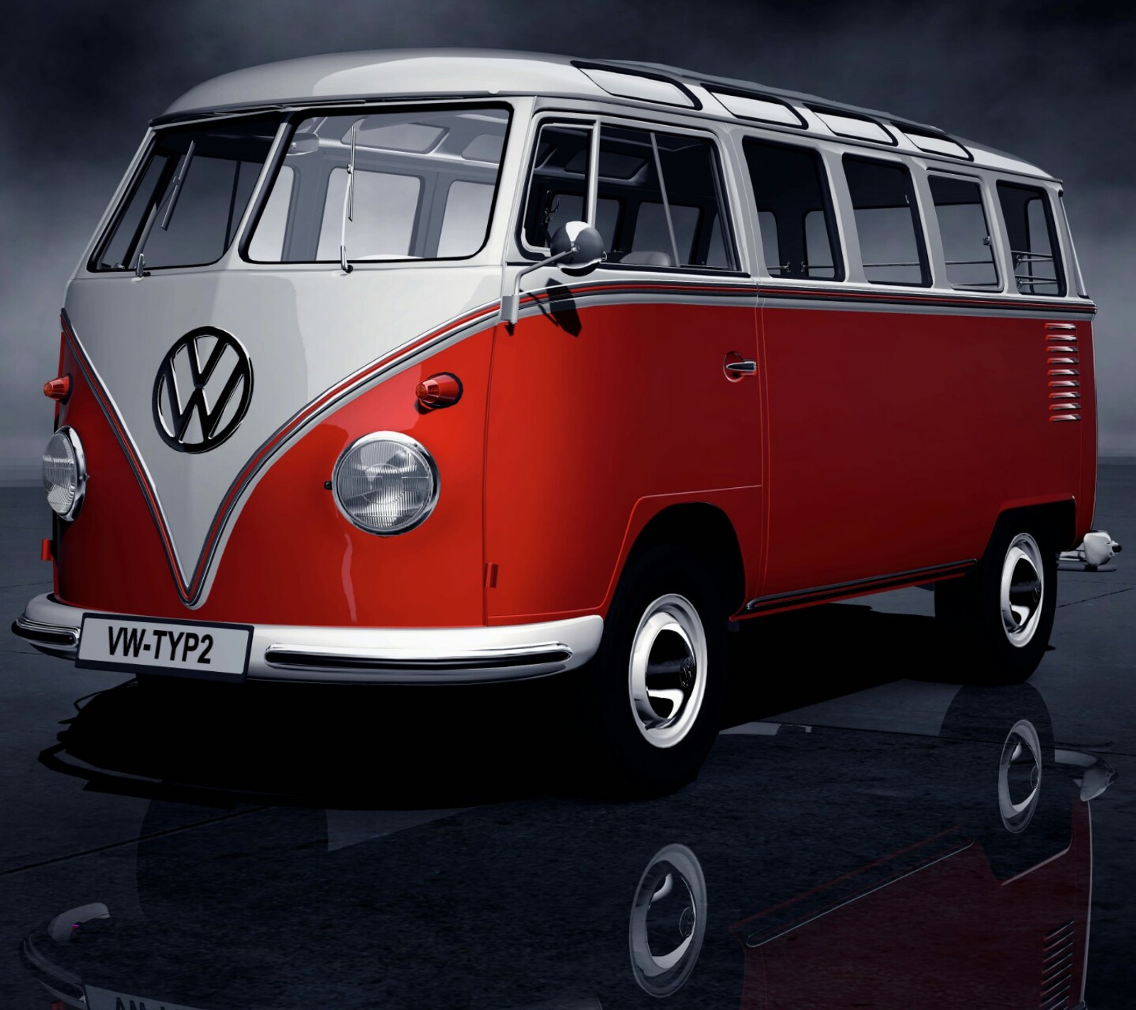 Arafed red and white vw bus parked on a wet surface (bus, vw)