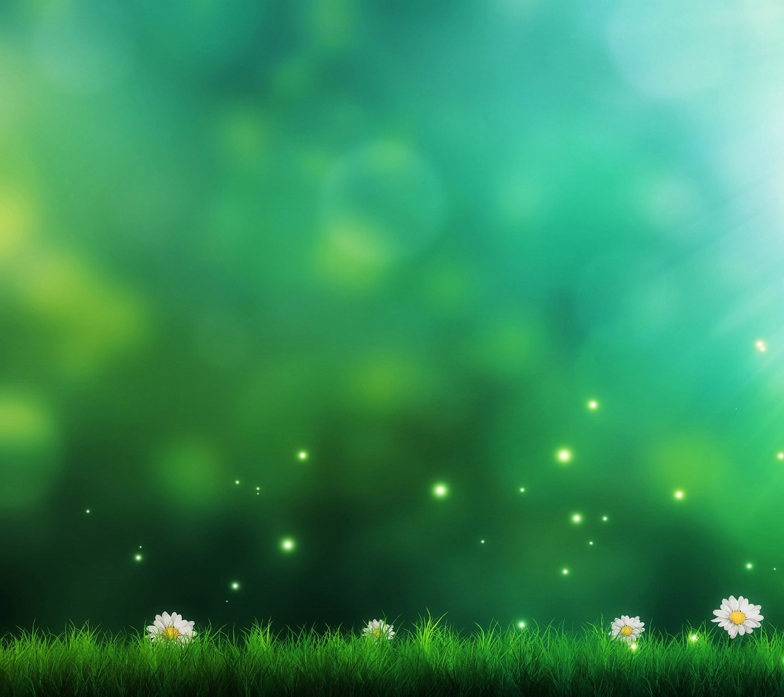 A green background with daisies and grass and a bright sun (flower, grass, vector)