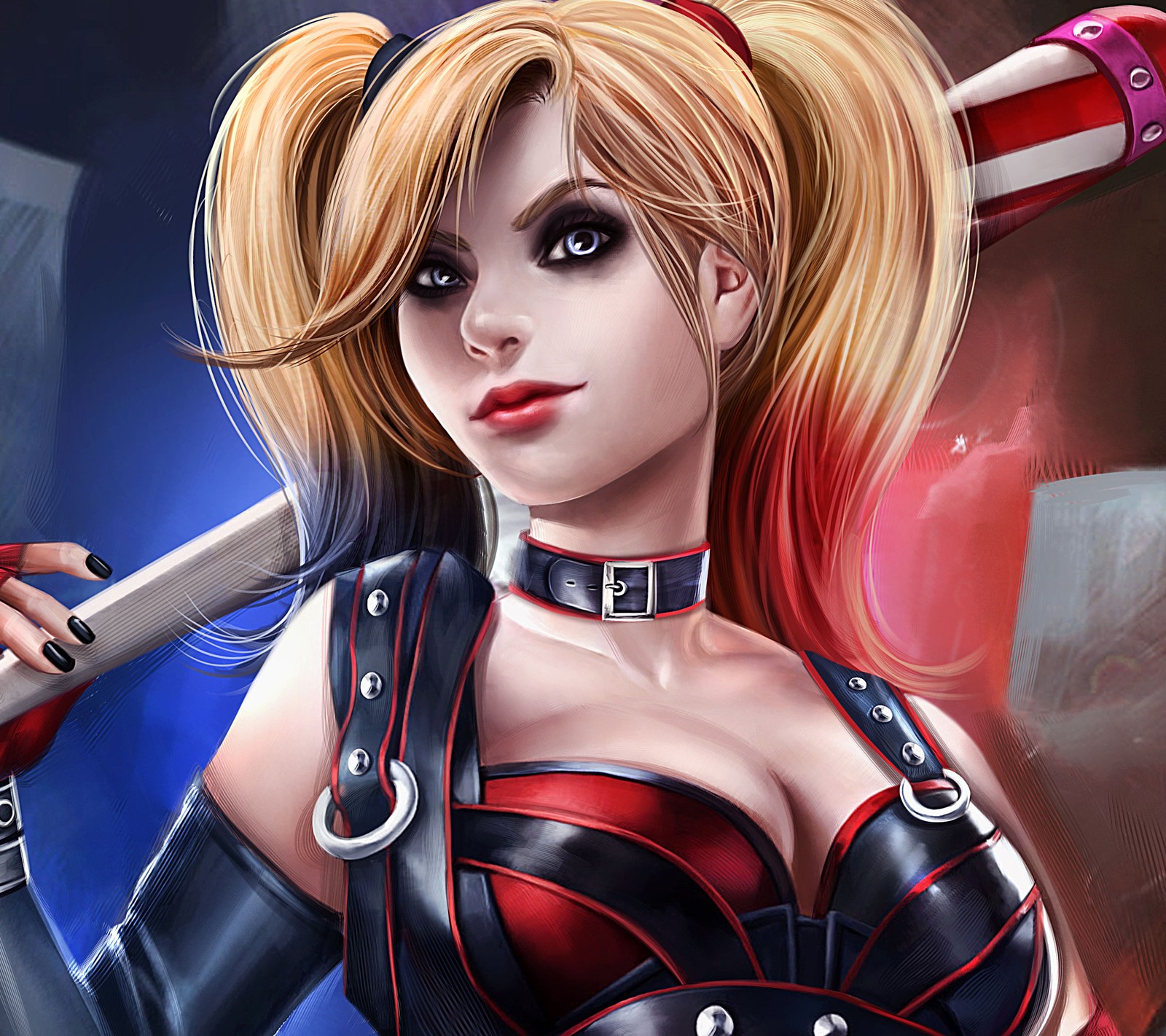 Harley harley is holding a knife and a knife in her hand (clown, comics, dc, evil, harley quinn)