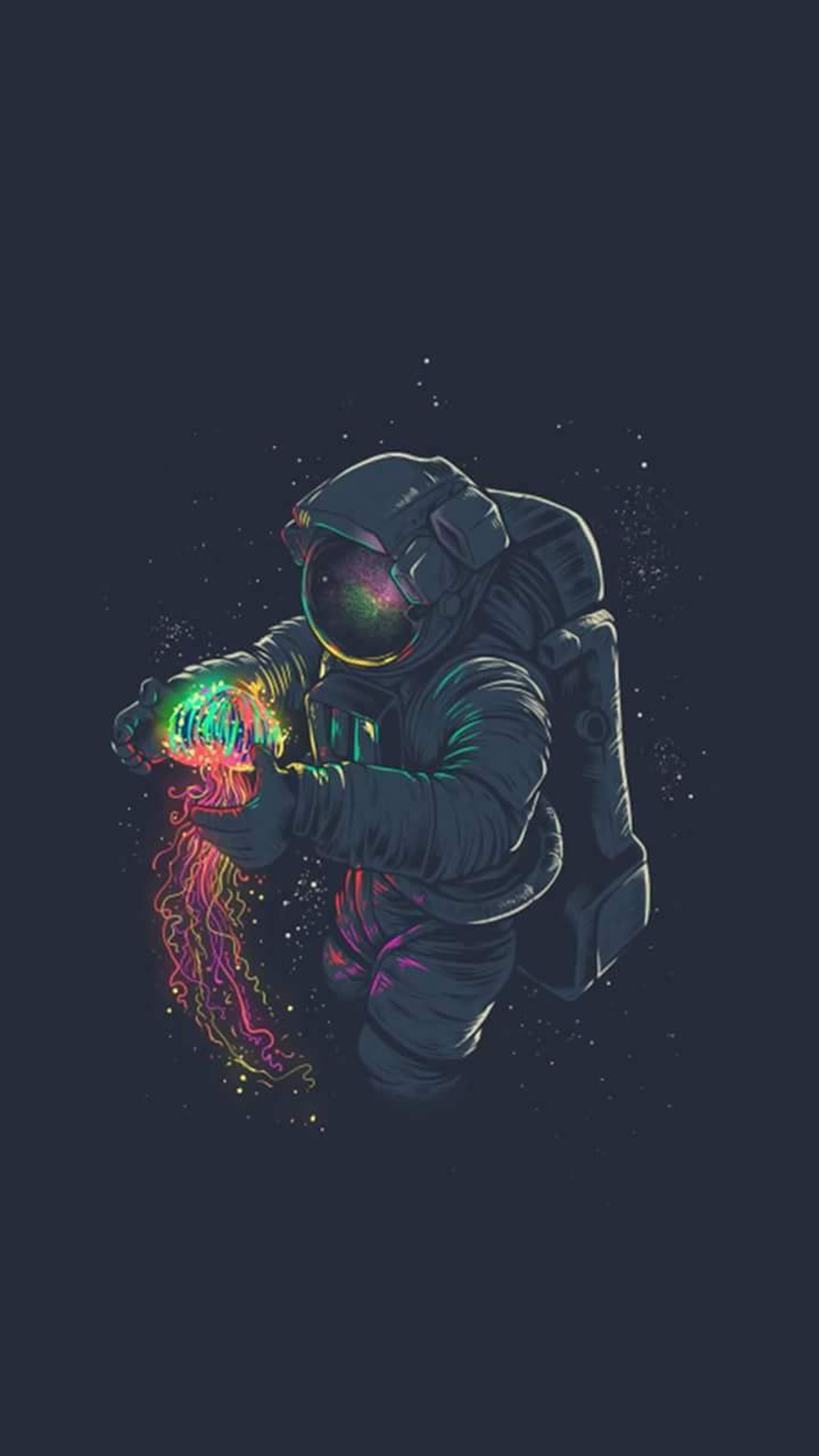 A man in a space suit holding a jellyfish in his hand (astronaut, jellyfish)