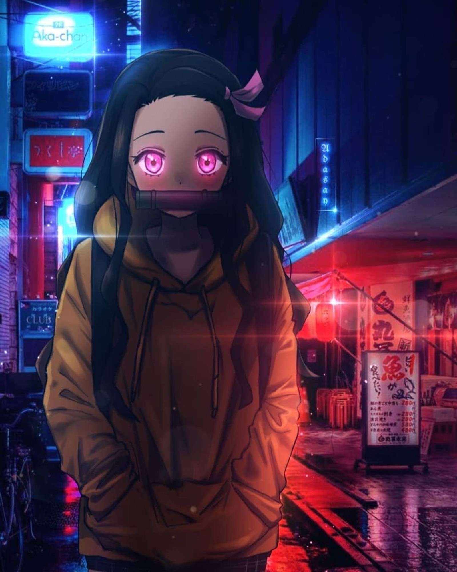 Anime-mädchen mit rosa augen, das im regen in einer stadt steht (anime, demon slayer, nezuko)