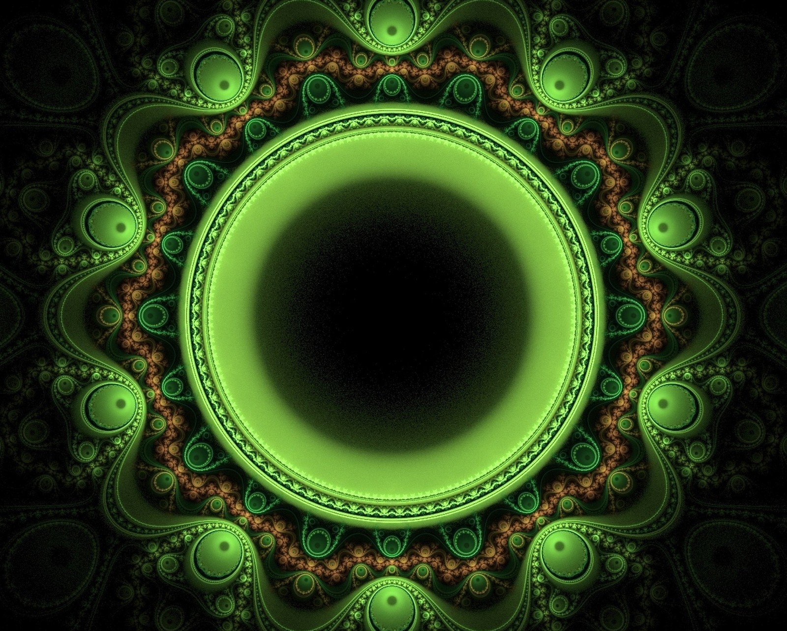 A green circular design with a black background (abstract, black, dark, green, hole)