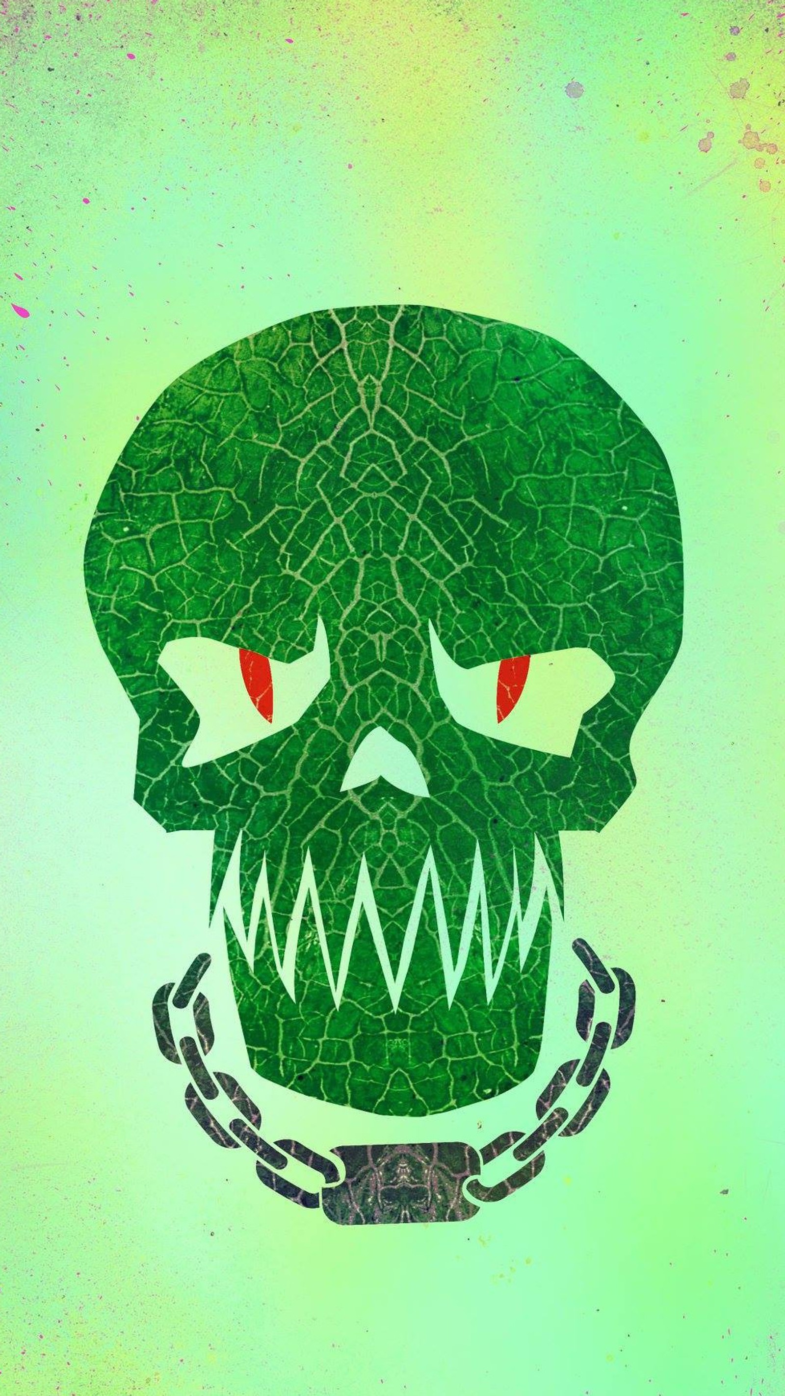 A close up of a green skull with chains on it (comics, croc, dc, green, logo)