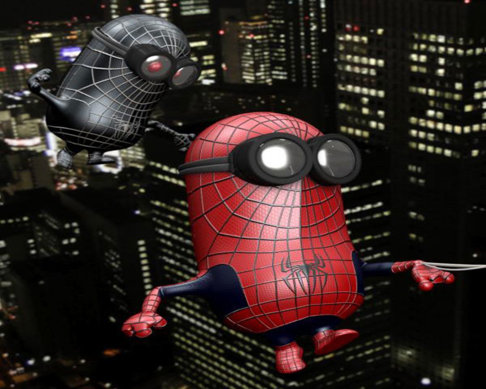 Spider-man et spider-man dans la ville la nuit (des dessins animés, spider man minion)