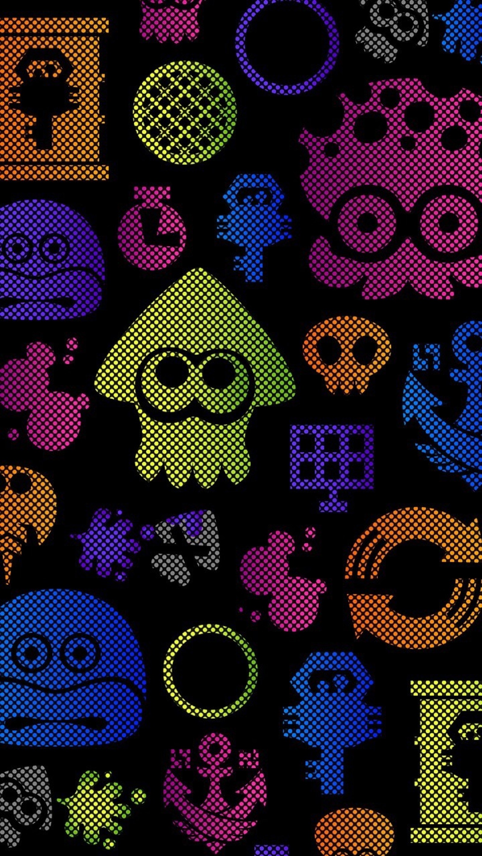 A close up of a pattern of different colored monsters (anime, nintendo, ocean, splatoon, squid)