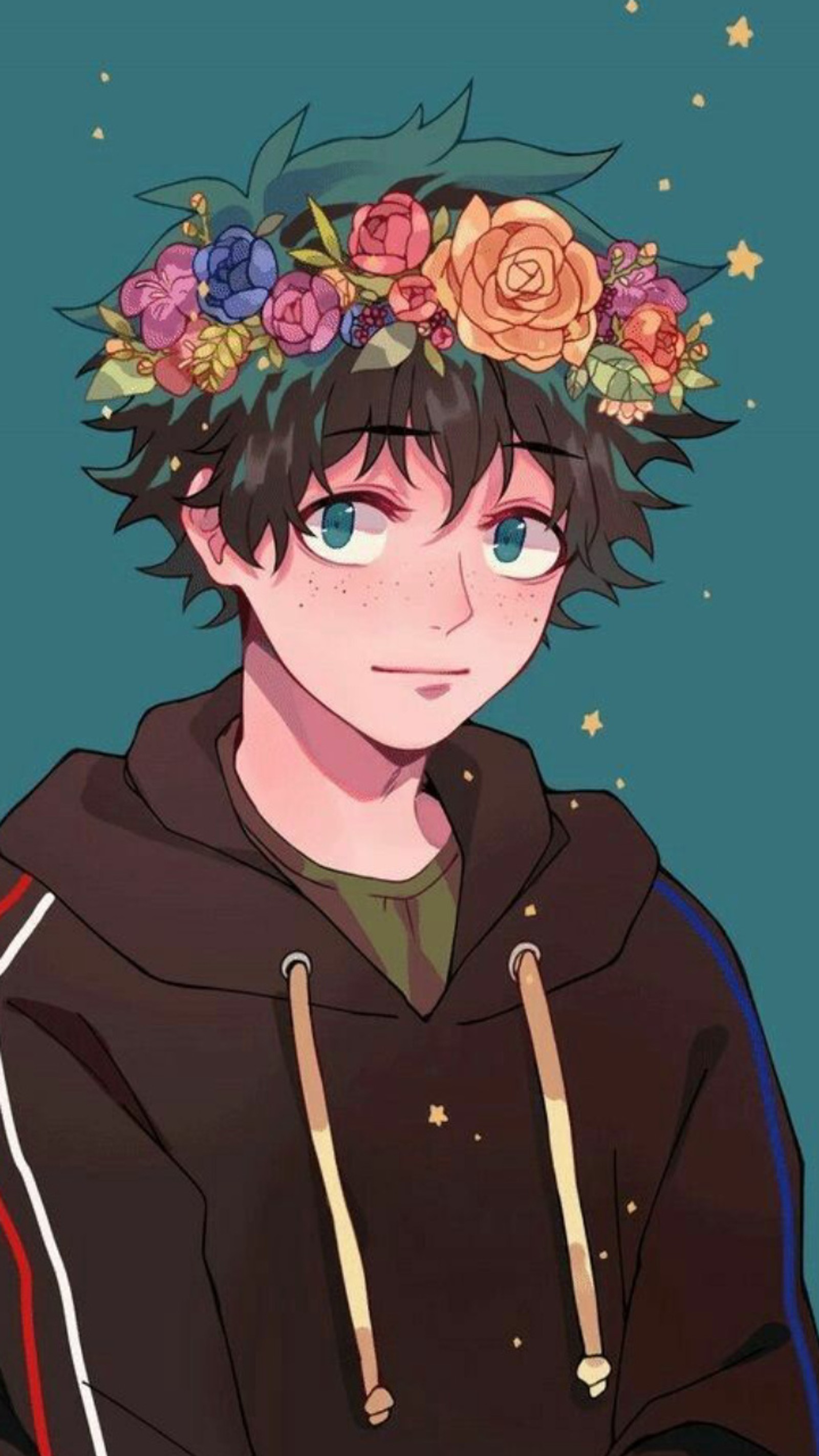 Un niño con una corona de flores en la cabeza (bnha, my hero academia)