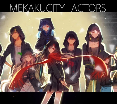 Mekakucity Actors: A group of young figures in hooded attire, showcasing a blend of mystery and camaraderie, with a prominent character in a red scarf at the forefront.