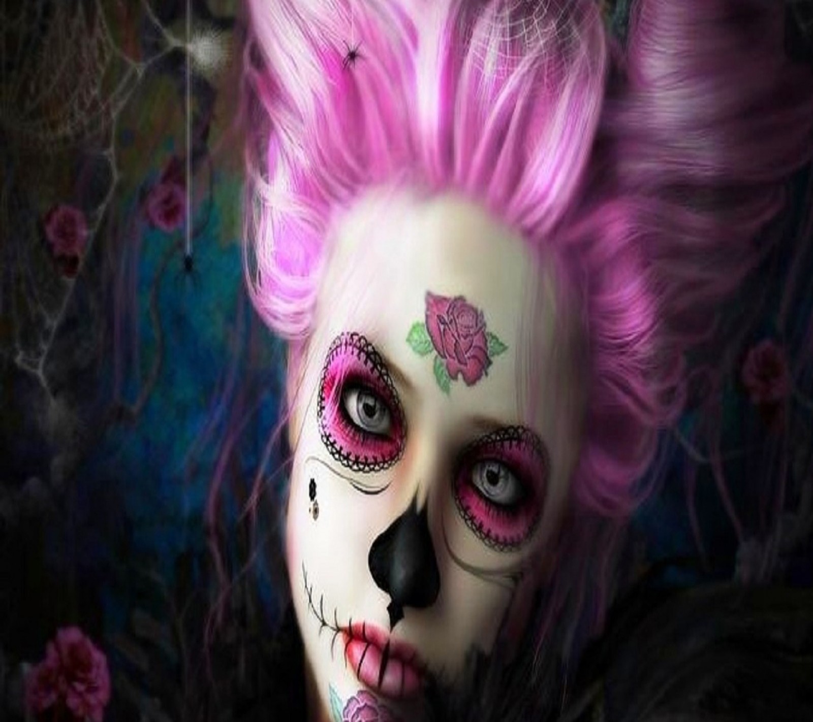 A close up of a woman with pink hair and a skull make up (nice, wallpaper)