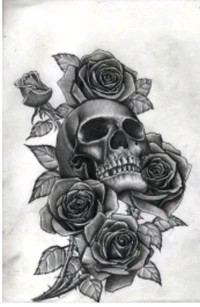 Design de tatuagem de crânio preto cercado por rosas cinzas