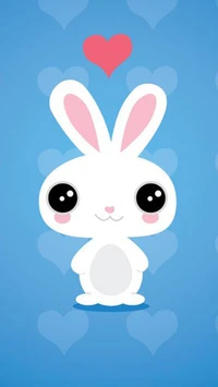 Cute white bunny with large eyes and a heart above its head, set against a blue background with subtle heart patterns.