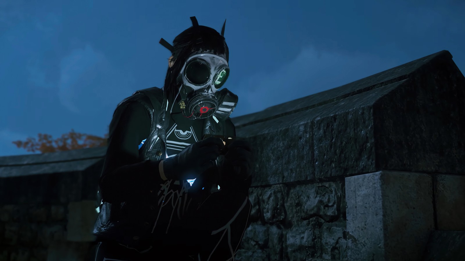 Verpixelter mann mit einer gasmaske und einer gasmaske auf dem kopf (watch dogs legion, videospiel, gasmasken)