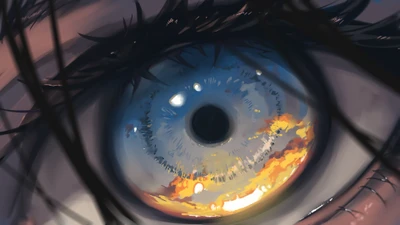 Captivating Anime Eye Reflecting a Stunning Sunset