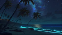 Starry Beach Night with Glowing Waves and Palm Trees