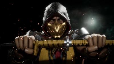 Скорпион из Mortal Kombat 11, готовый с мечом, окружённый искрами.