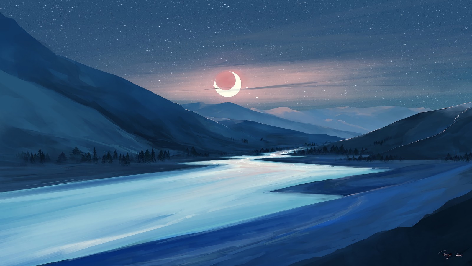 Uma pintura de uma paisagem montanhosa com uma lua crescente e um rio (noite, lua, cenário, paisagem)