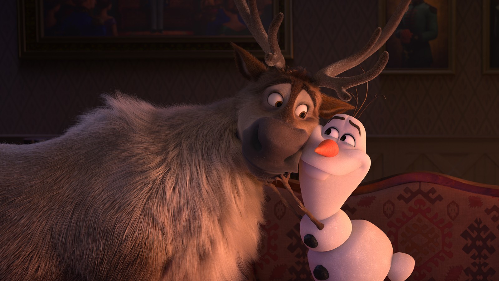 Araffe e olaf se beijando em uma cena de frozen (frozen 2, filme, 2019, olaf, sven)