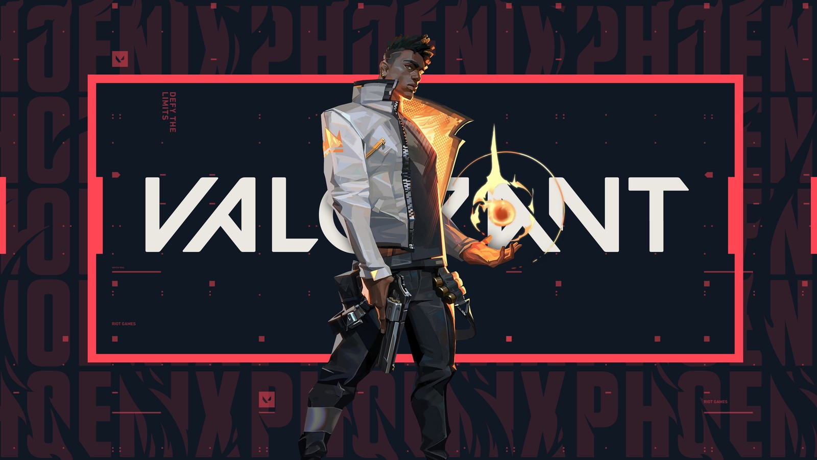 A man in a white shirt and black pants standing in front of a red and black background (valorant, video game, phoenix)