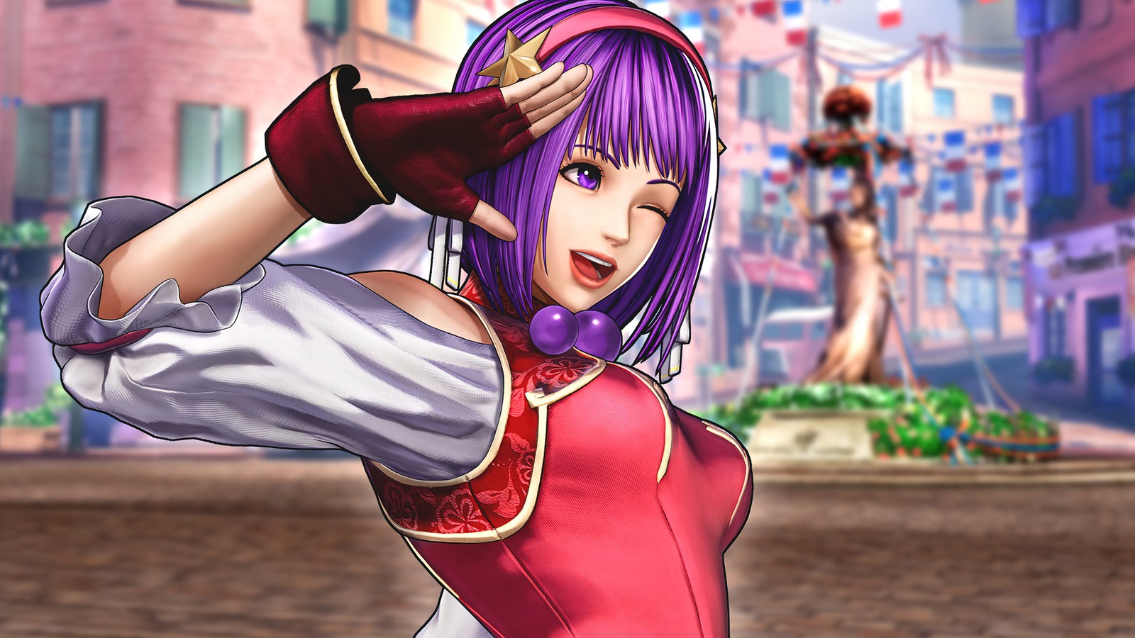 Una mujer con un vestido rojo de pie en la calle (the king of fighters xv, kof 15, videojuego, athena asamiya)