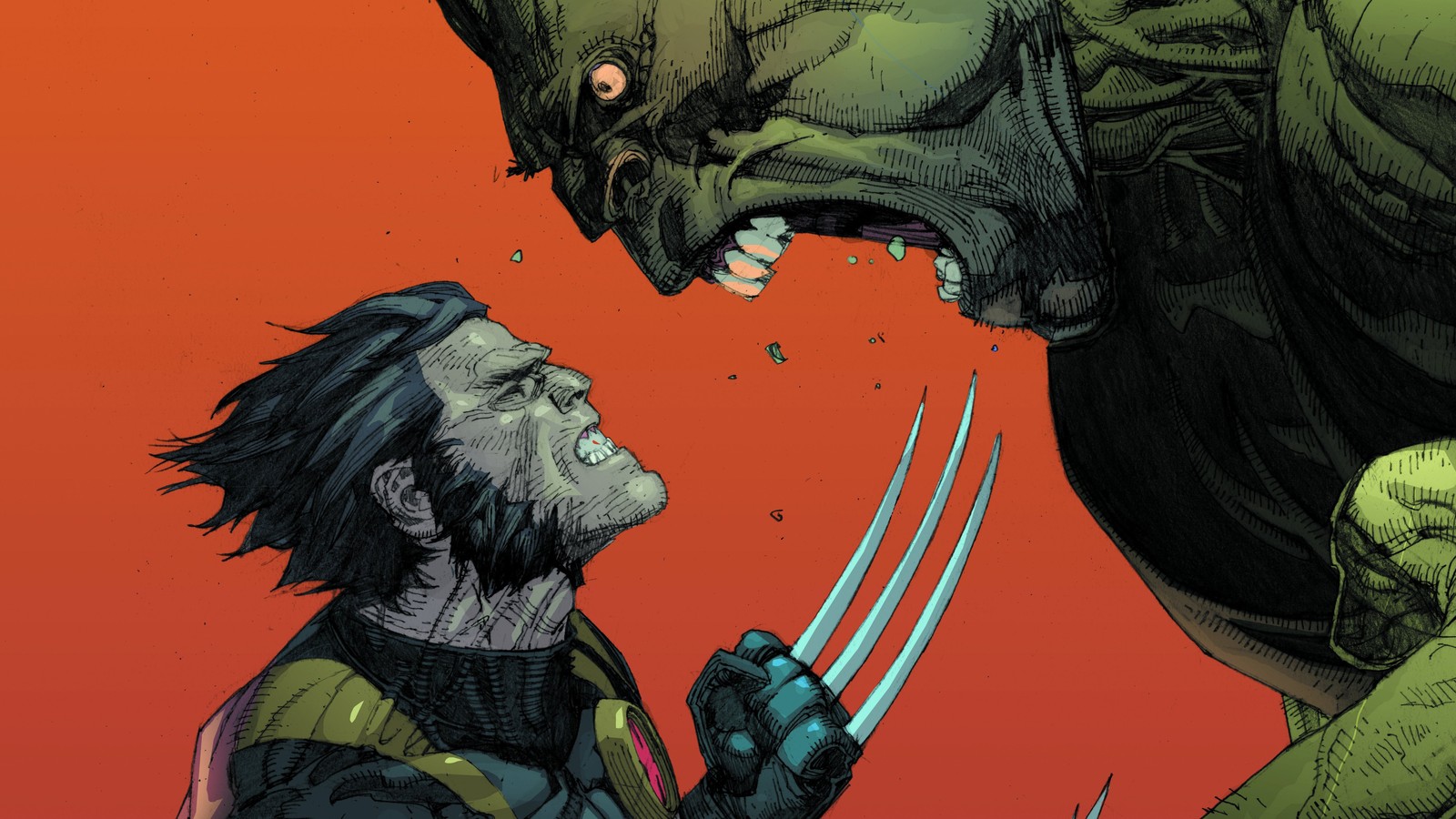 Wolverine e wolverine lutando contra um monstro verde (wolverine, hulk, marvel comics, quadrinhos, super herói)