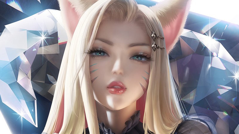 Крупный план женщины с кошачьими ушами и алмазом (kda, ахри, ahri, самый плохой, lol)