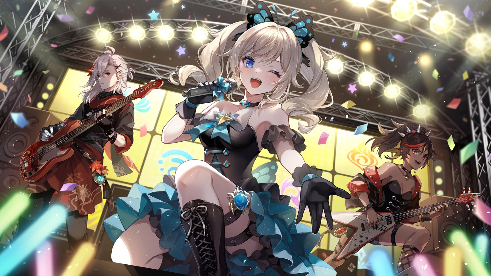 A group of anime girls in costumes playing music on stage (art, fan art, graphic design, animated cartoon, artist)