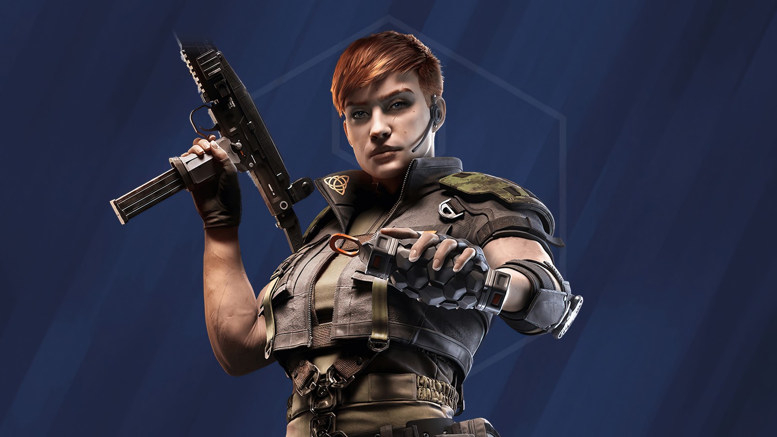 Eine frau in militärischer uniform mit einer waffe und einem gewehr (dornen, rainbow six siege, rs6, rainbow 6 siege, videospiel)