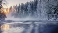 Frosty Morning Over a Serene River Landscape