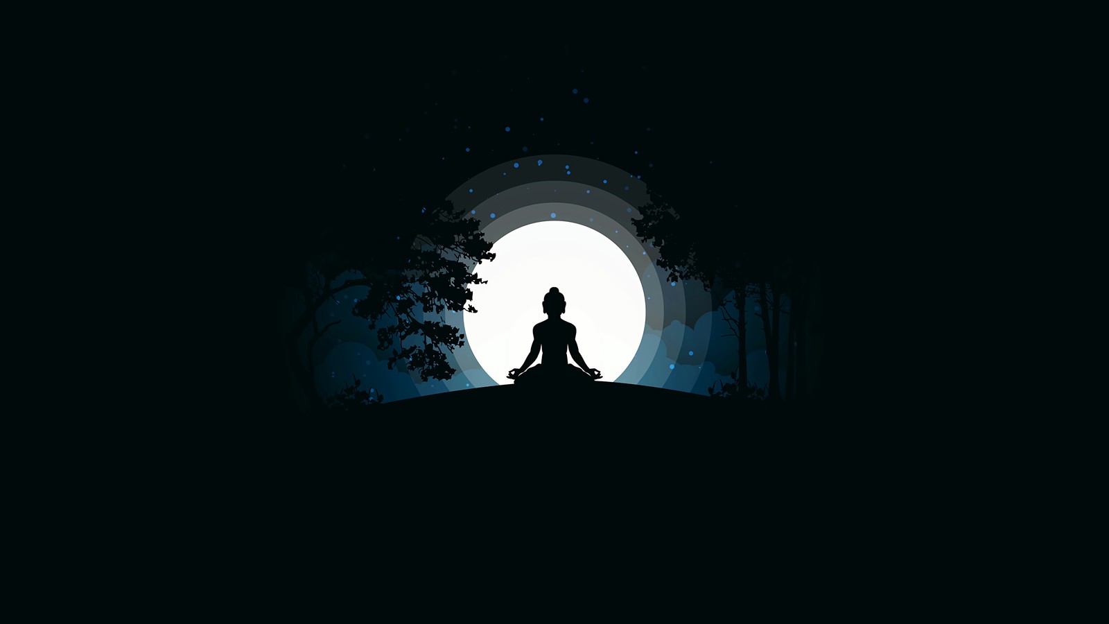 Imagen árabe de una persona sentada en posición de meditación frente a una luna llena (arte digital, minimalista, minimalismo, sencillo, buda)