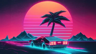 auto, neon, palme, retrowave, synthwave