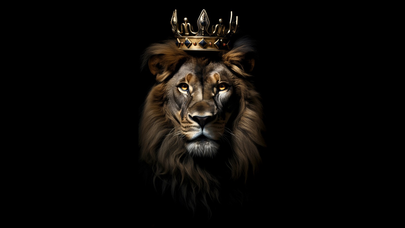 A close up of a lion with a crown on its head (lion, crown, dark aesthetic, amoled, black background)