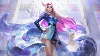 Ahri do K/DA em um cenário cristalino deslumbrante, exibindo cores vibrantes e poses dinâmicas.