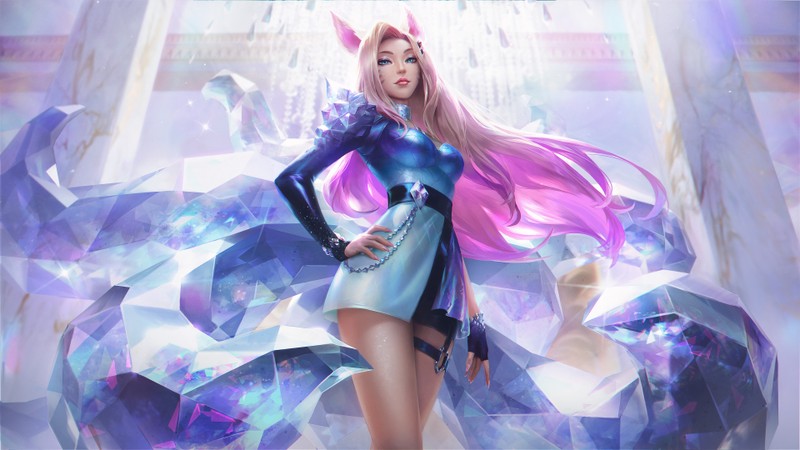 Женщина в коротком платье стоит перед кристаллическим фоном (ахри, ahri, kda, league of legends, 5k)