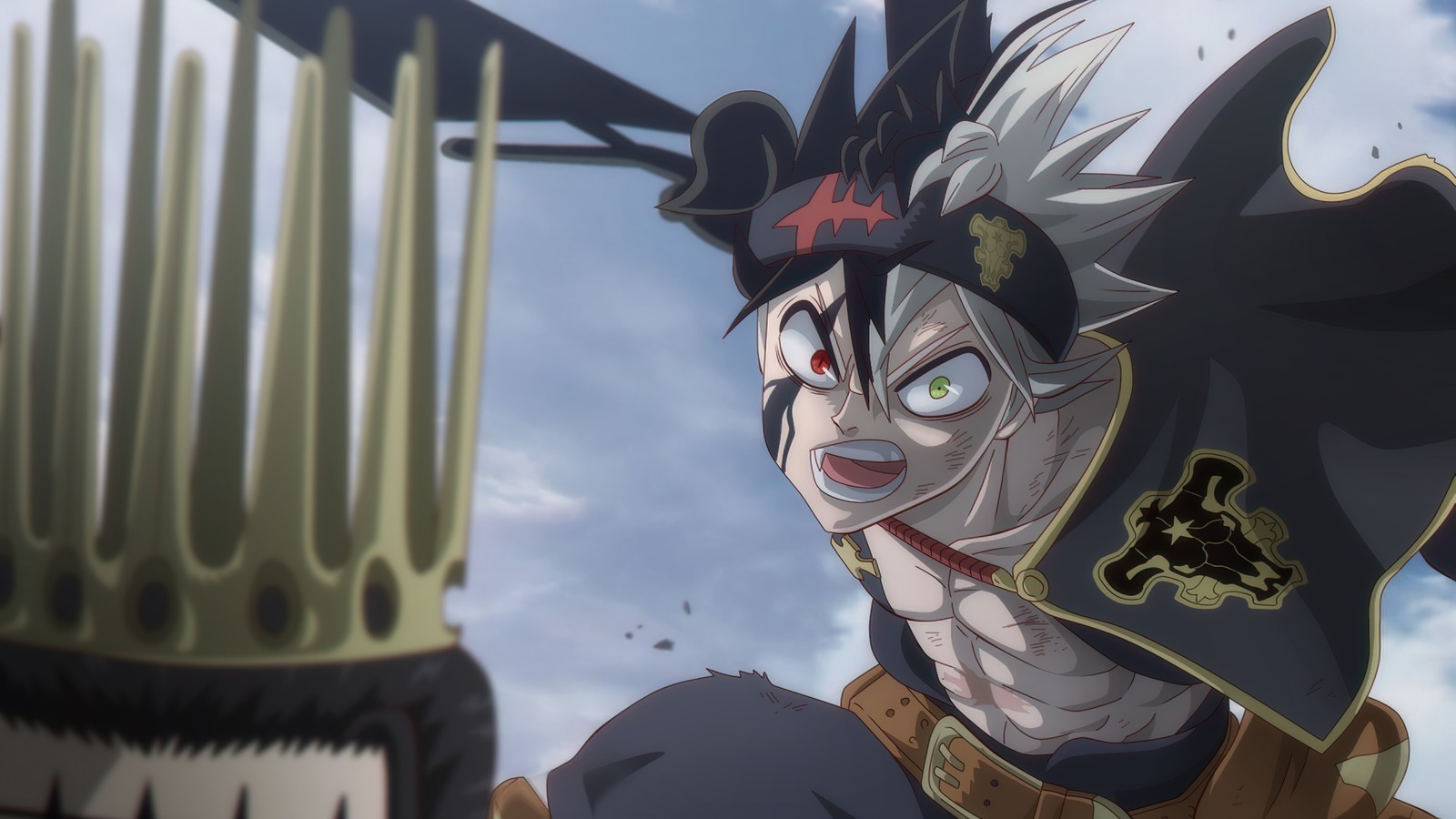 A close up of a person with a sword and a helmet (black clover, anime, asta)