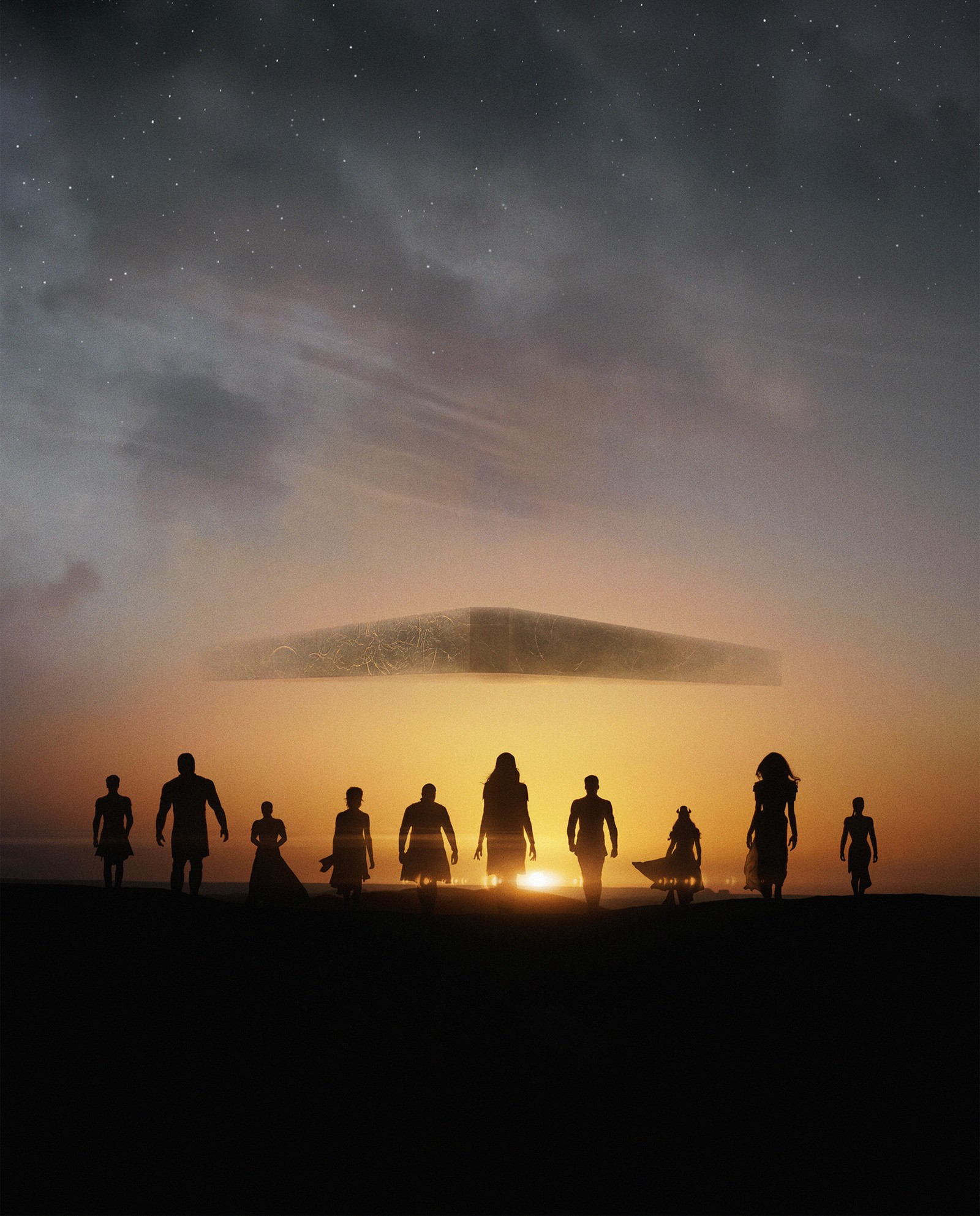 Cowboys are silhouetted against a sunset sky with a large cloud (eternals, marvel cinematic universe, 2021 movies, movies, 4k wallpaper)