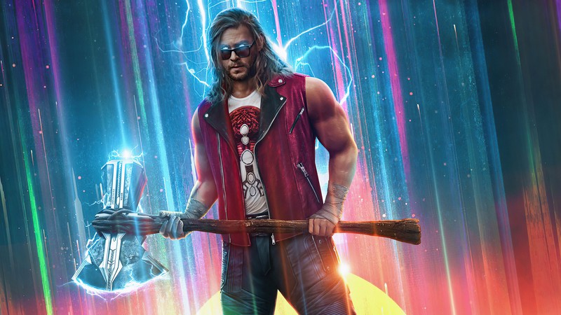 Мужчина с бейсбольной битой стоит перед неоновым фоном (chris hemsworth, топор, штормразрушитель, тор любовь и гром, thor love and thunder)