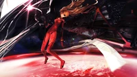 Asuka Langley Soryu in einer dynamischen Pose vor einem kosmischen Hintergrund, der Stärke und Kunst in lebhaftem Rot verkörpert.