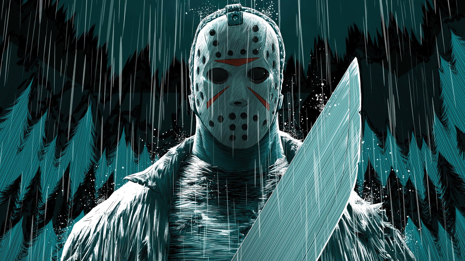 Мужчина в маске с ножом под дождем (джейсон вурхиз, jason voorhees, маска, мачете, machete)