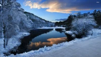 Ruhige Winterwildnis: Schneebedeckte Landschaft, die einen bunten Himmel widerspiegelt