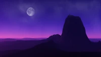 A majestic mountain peak under a full moon, with a lone mountain goat silhouetted against a vibrant purple dusk sky, creating a serene and captivating landscape.