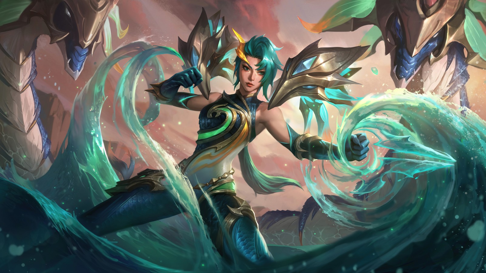 Una mujer con un traje azul y verde sosteniendo una espada (dragón de la laguna, kaisa, league of legends, lol, videojuego)