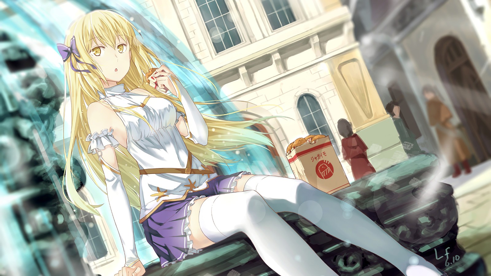 Chica de anime sentada en un banco con una taza de café (ais wallenstein, danmachi, anime, está mal que quiera conocerte en una mazmorras, no es un error buscar encuentros en un calabozo)