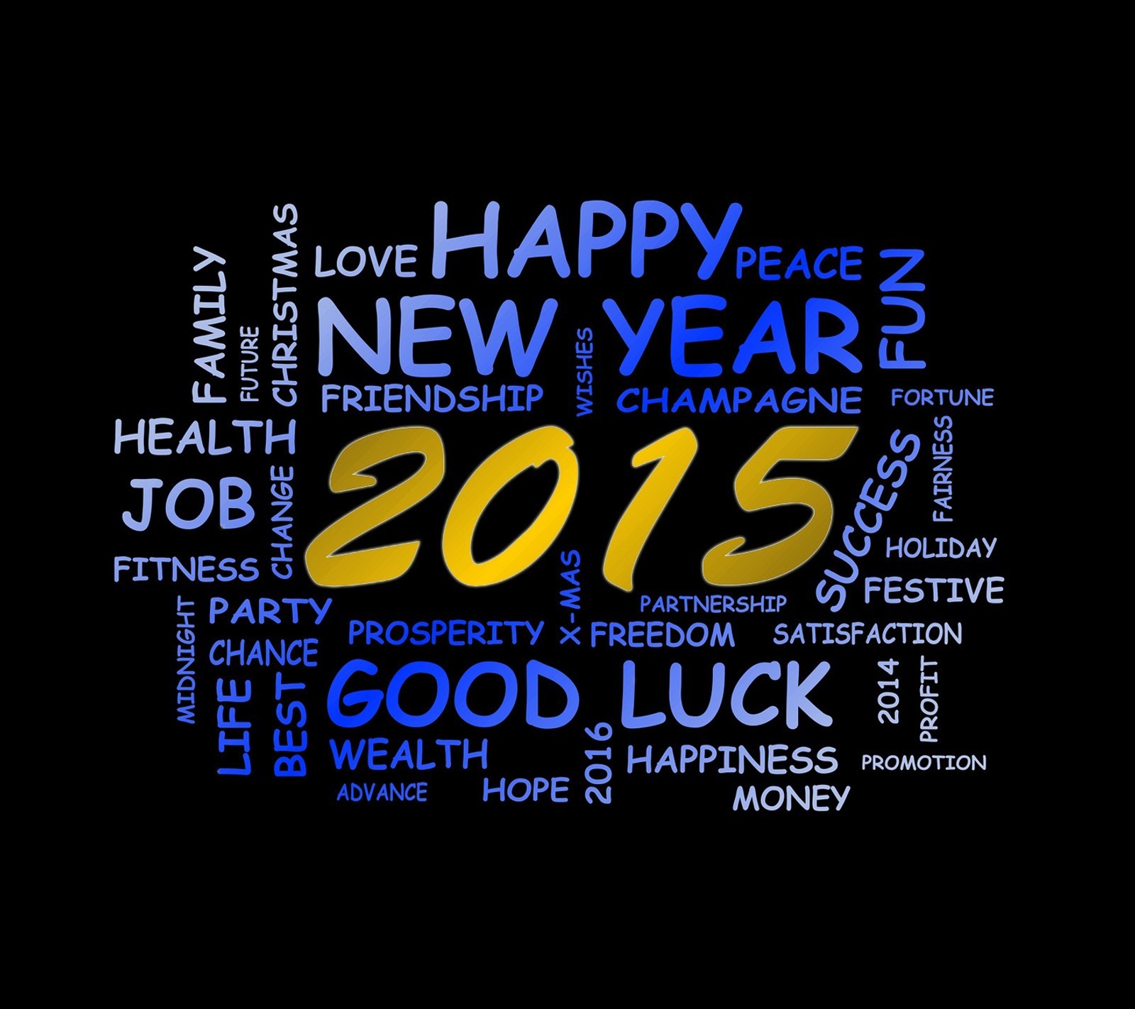 A close up of a black background with a yellow and blue text (2015, happy, new year)