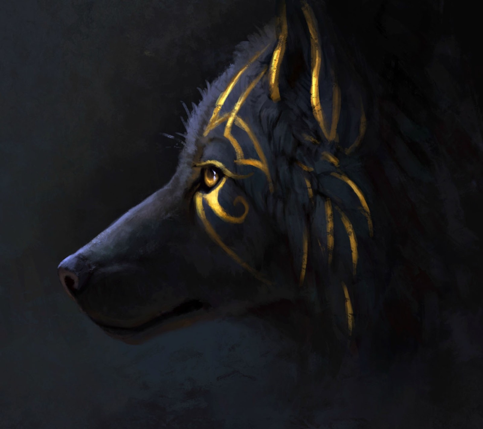 Pintura de um lobo com um rosto dourado em um fundo preto (bonito, lobo)