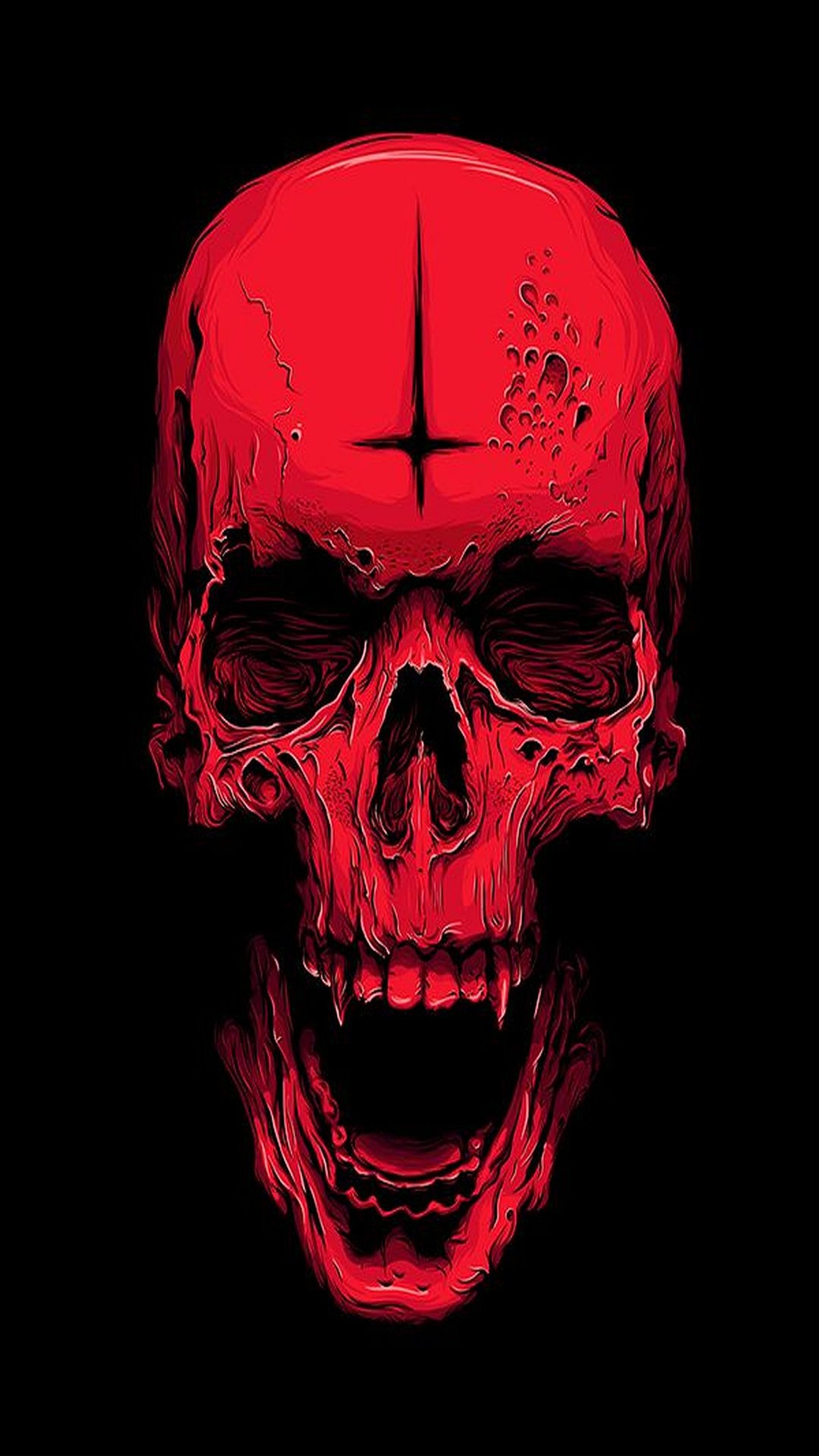 A close up of a skull with a cross on its forehead (red, skull)