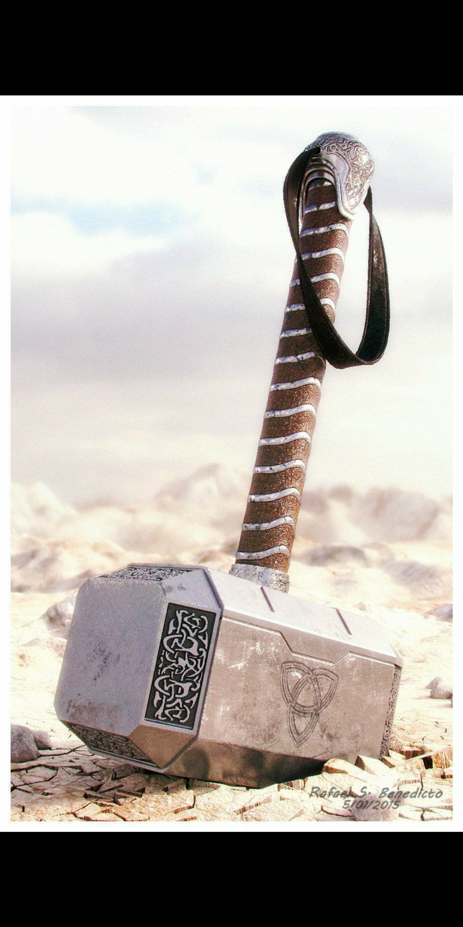 There is a hammer that is sitting on the sand (avengers, thor)